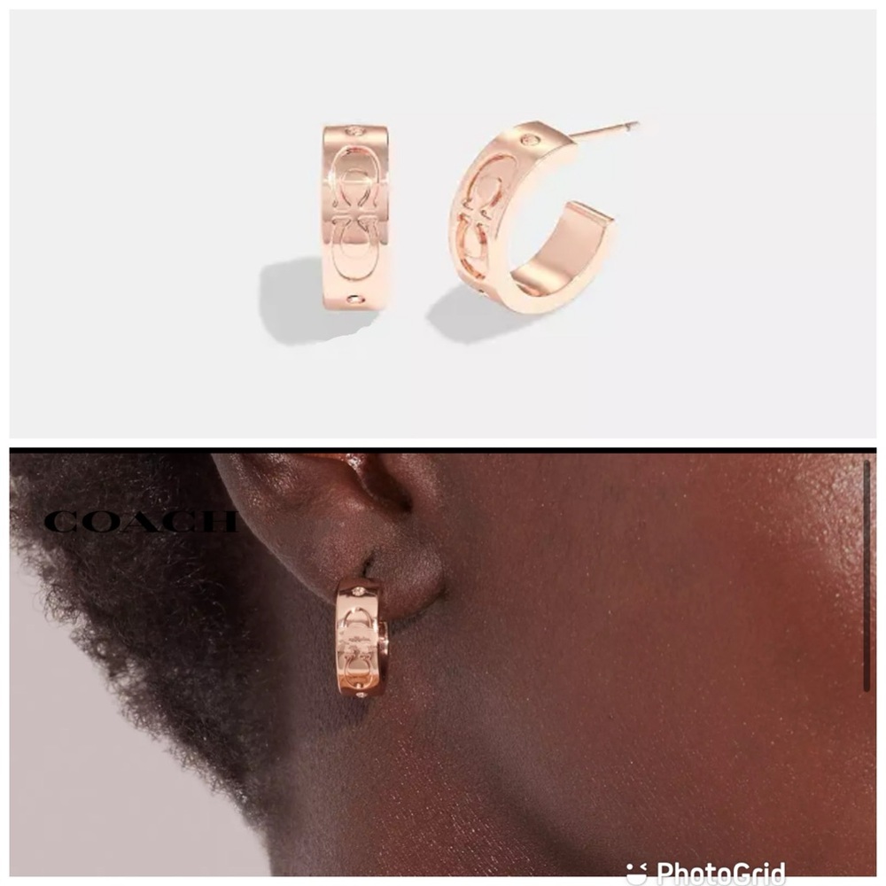 Coach NWT Rose Gold Signature Huggie Earrings Style C1901 Plated Brass Titanium - Picture 4 of 16
